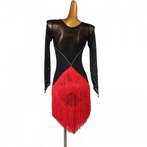 Black with red fringed diamond competition latin dance dresses for women  long sleeves salsa rumba chacha dance dresses